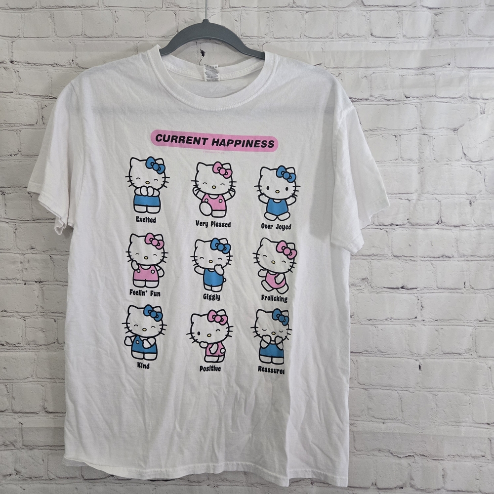 Hello Kitty White Tee with Pink and Blue Graphics Fruit Of The Loom Sz M Y2k 00s